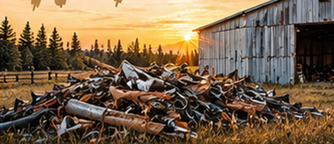 A pile of old scrap metal beside a weathered barn at sunset